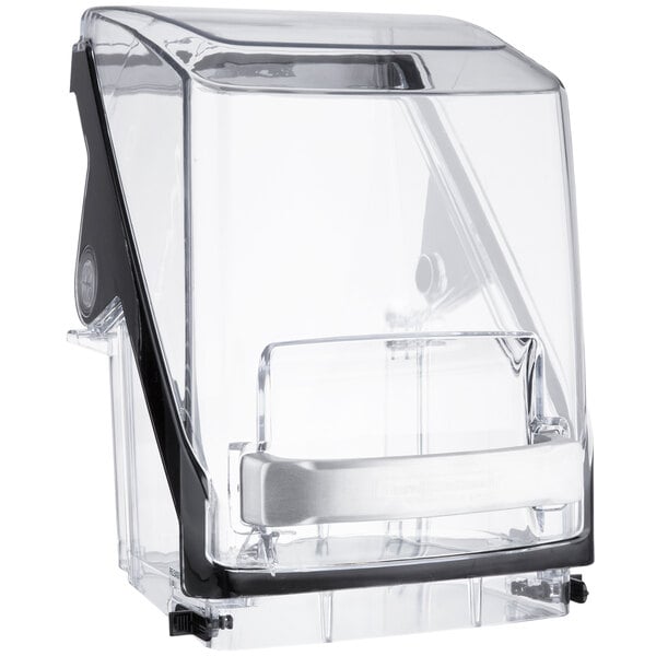 A clear plastic container with a black lid and handle.