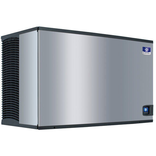 A silver rectangular Manitowoc air cooled ice machine with black edges.