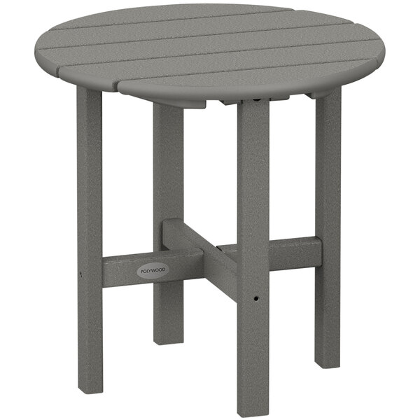 A POLYWOOD round side table with a slate grey top and legs.