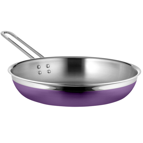 A purple Bon Chef Country French saute pan with a long handle.