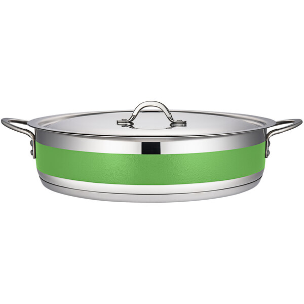 A lime green and silver Bon Chef Country French brazier pot with a handle.