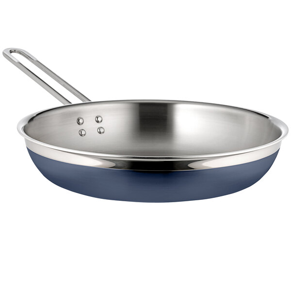 A Bon Chef stainless steel saute pan with a long handle and cobalt blue exterior.
