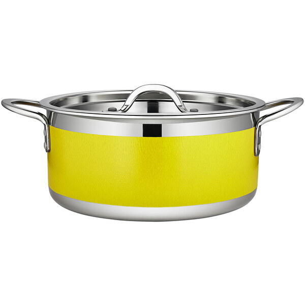 A Bon Chef yellow stainless steel pot with a stainless steel handle.