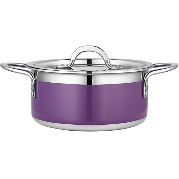 A purple and stainless steel Bon Chef Country French cooking pot.