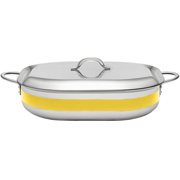 A yellow and stainless steel Bon Chef French oven with a lid.