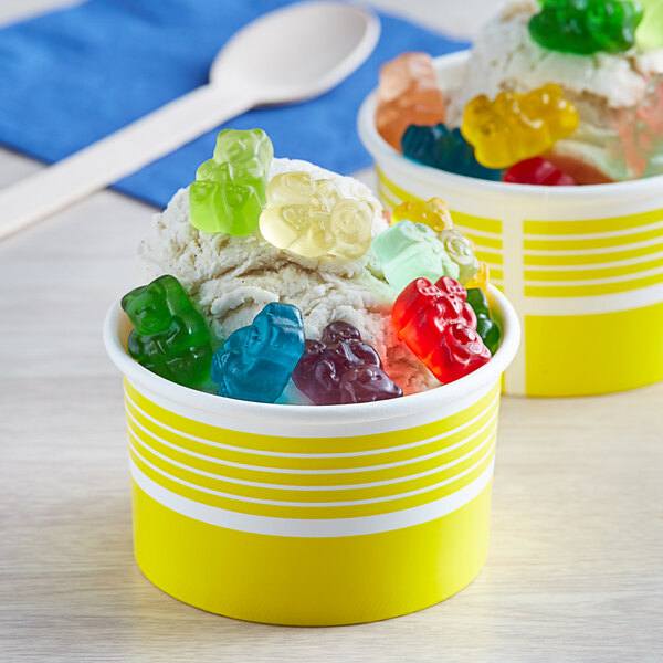 A bowl of ice cream with Albanese gummy bear toppings.