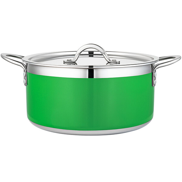 A lime green and stainless steel Bon Chef Country French cooking pot with a lid.