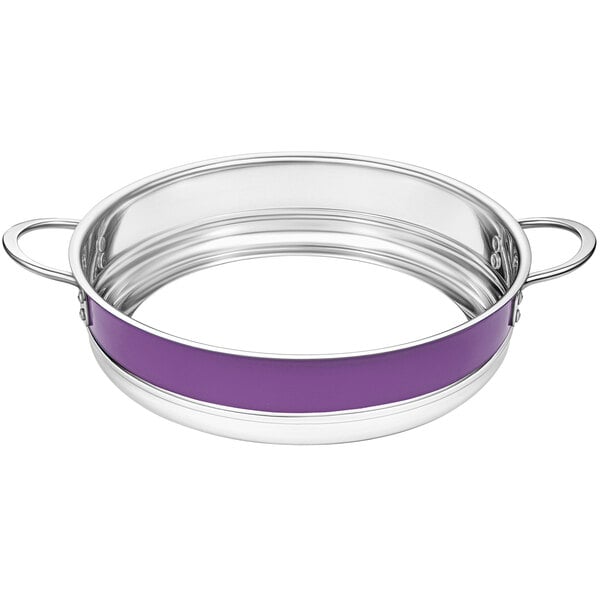 A silver and purple Bon Chef bottomless pot with a handle.