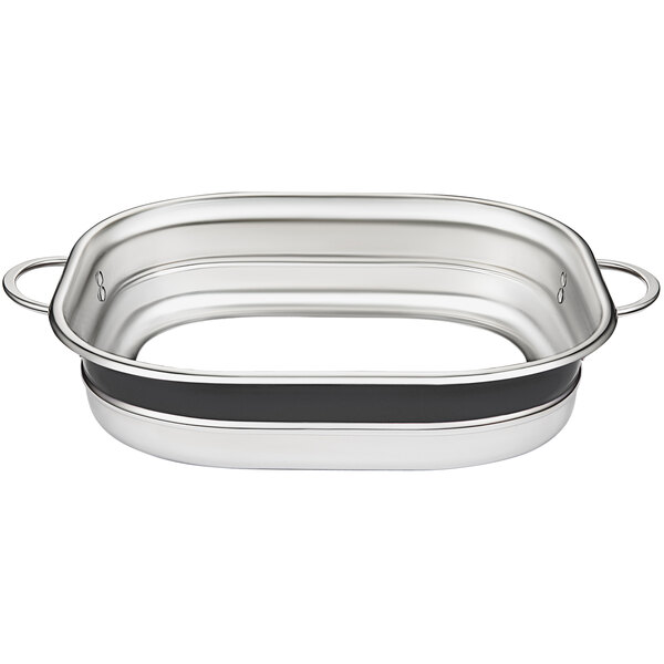 A Bon Chef stainless steel rectangular pan with black metal accents.