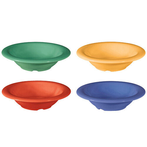 A group of GET Diamond Mardi Gras melamine bowls in assorted colors.