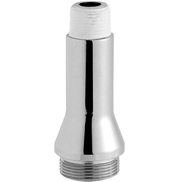 A chrome plated silver metal pipe fitting with a white cap.
