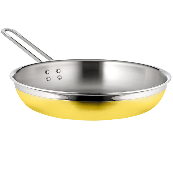 A yellow stainless steel Bon Chef saute pan with long handle.