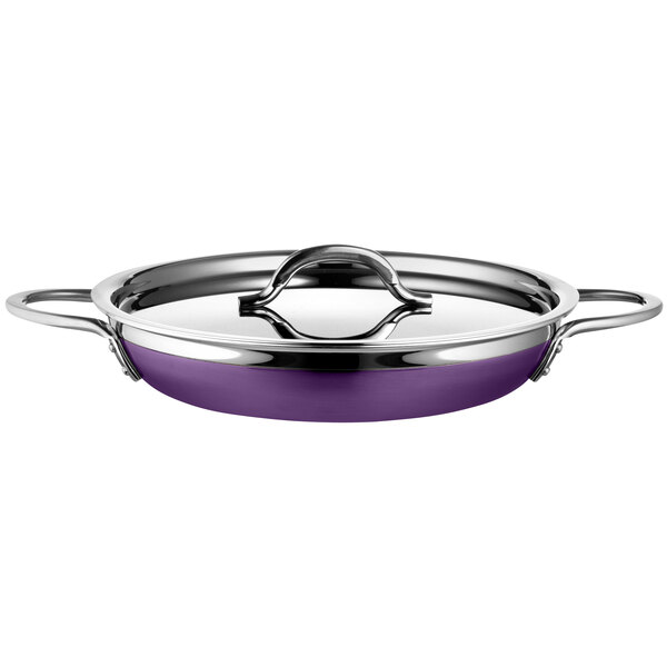 A close-up of a Bon Chef purple stainless steel saute pan with a lid.