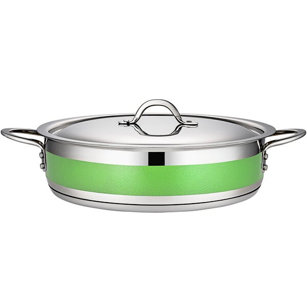 A lime green and silver Bon Chef Country French brazier pot with a lid.
