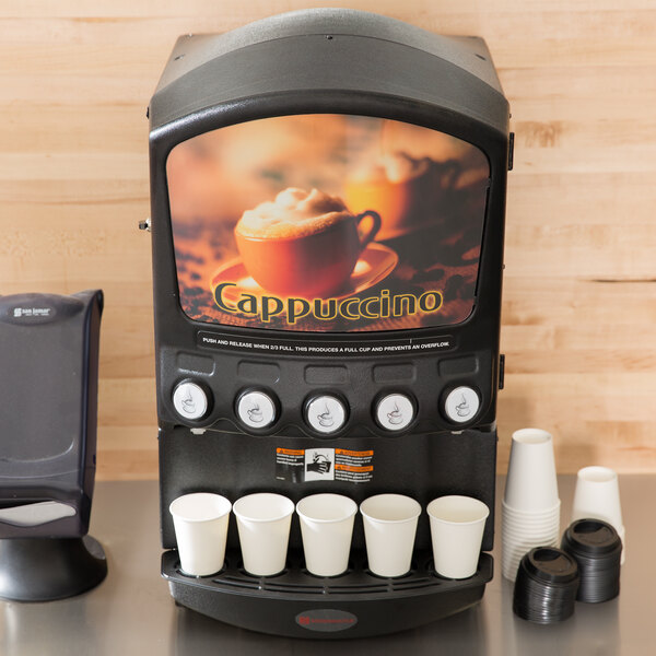 A Grindmaster specialty beverage dispenser with cups of coffee and plastic cups on a black surface.