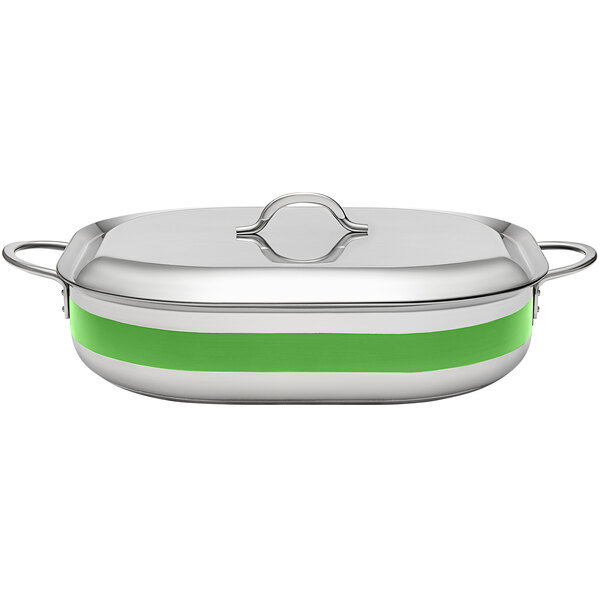 A silver stainless steel Bon Chef Country French French oven with green stripes and a lid.