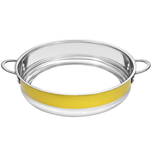 A Bon Chef stainless steel bottomless pot with yellow handles.