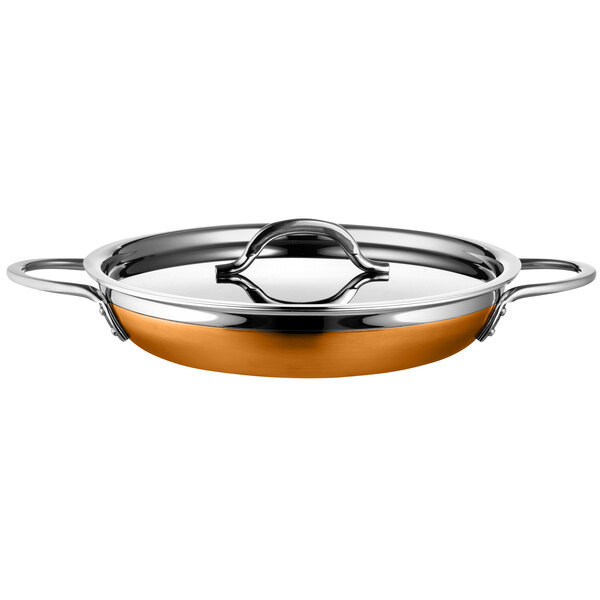A Bon Chef stainless steel saute pan with handles and a lid.