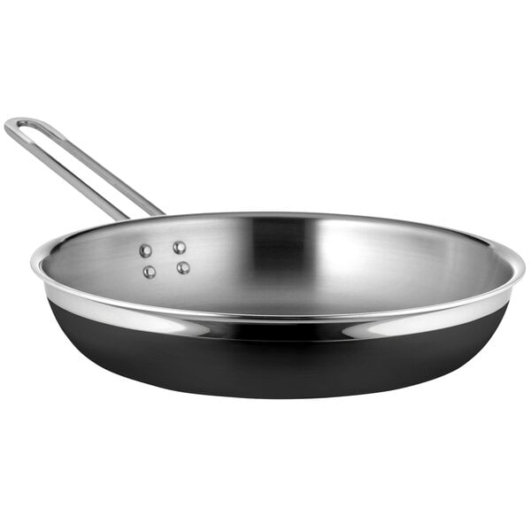A Bon Chef stainless steel saute pan with a long handle and black accents.