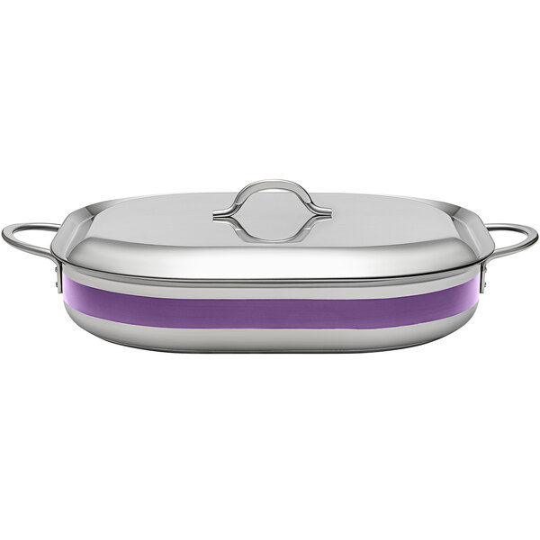 A silver stainless steel Bon Chef Country French roasting pan with purple accents.