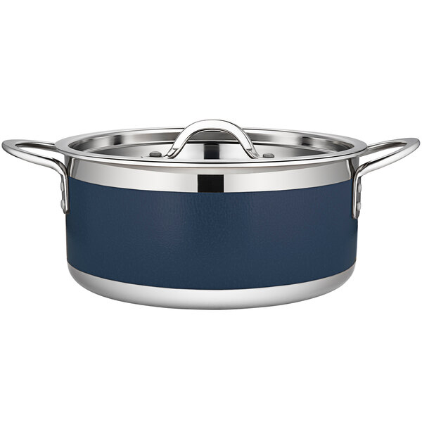 A Bon Chef stainless steel pot with blue handles.