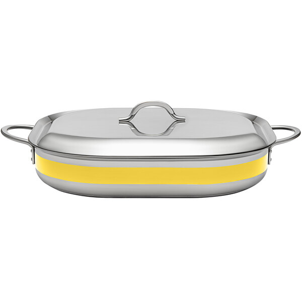 A silver and yellow Bon Chef Country French roasting pan with a lid.