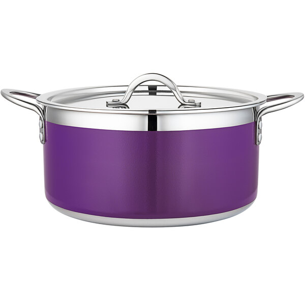 A purple and silver Bon Chef Country French cooking pot with a stainless steel lid.