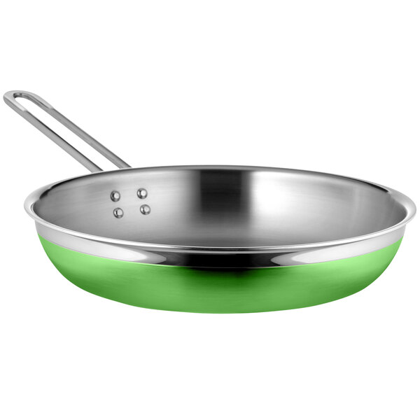 A lime green Bon Chef stainless steel saute pan with long handle.