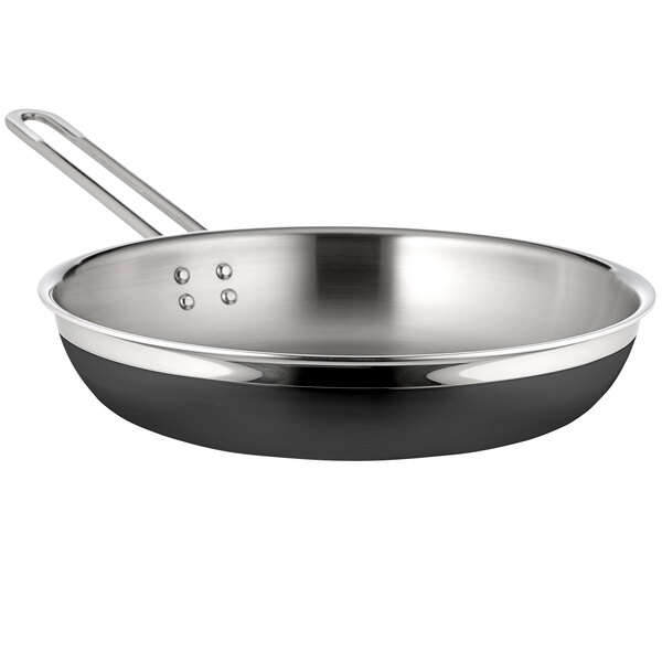 A Bon Chef stainless steel saute pan with a black handle.
