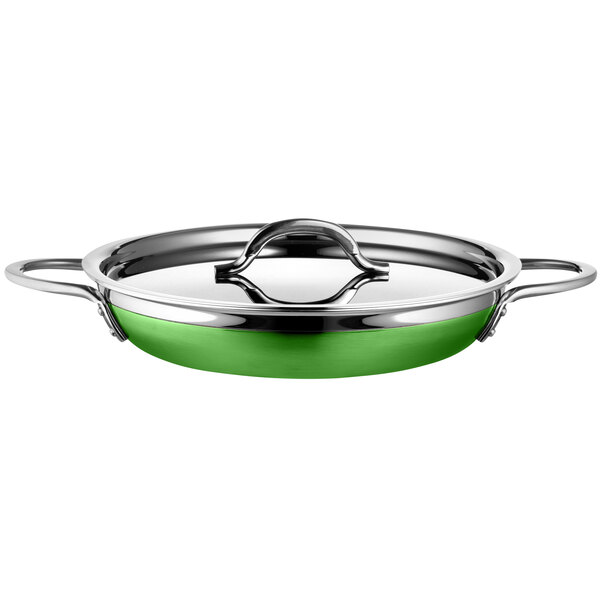 A lime green Bon Chef Country French saute pan with a lid.