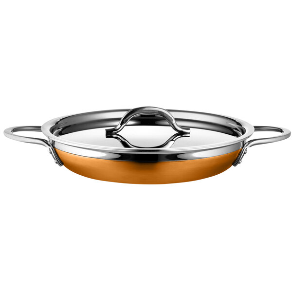 A Bon Chef stainless steel saute pan with handles and a lid.
