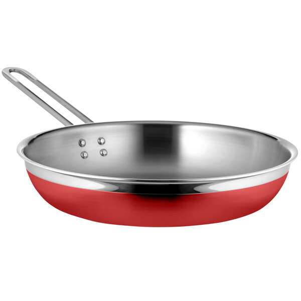 A red and stainless steel Bon Chef Country French saute pan with long handles.
