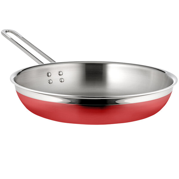A red and silver Bon Chef Country French stainless steel saute pan with long handle.