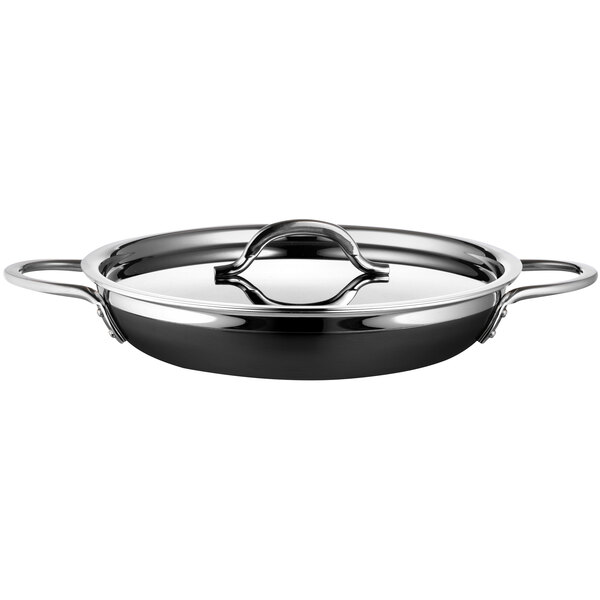 A Bon Chef black and silver stainless steel saute pan with double handles.