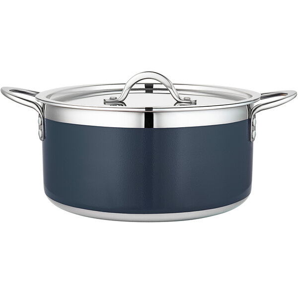 A Bon Chef Country French cobalt blue stainless steel pot with a lid.