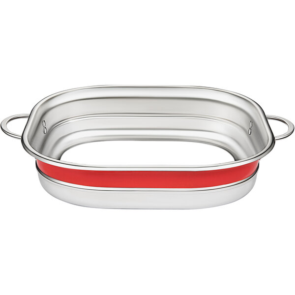 A silver and red stainless steel bottomless French oven pan with a metal frame.