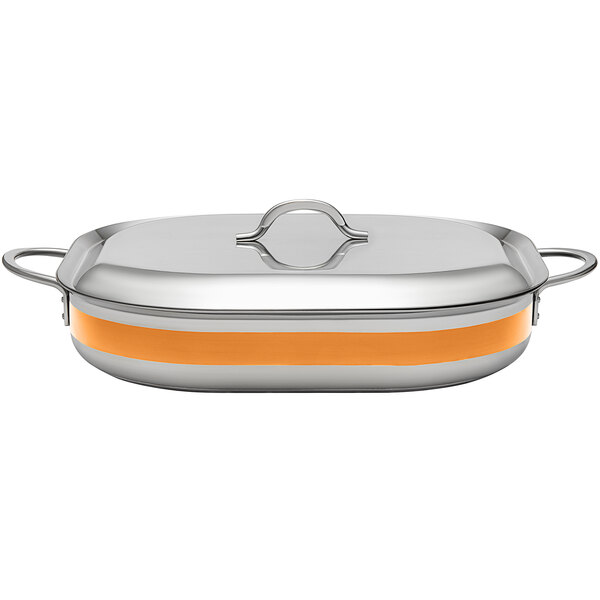 A silver and orange Bon Chef Country French roasting pan with a lid.