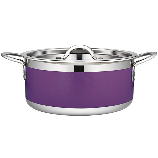 A close-up of a purple and silver Bon Chef Country French cooking pot.