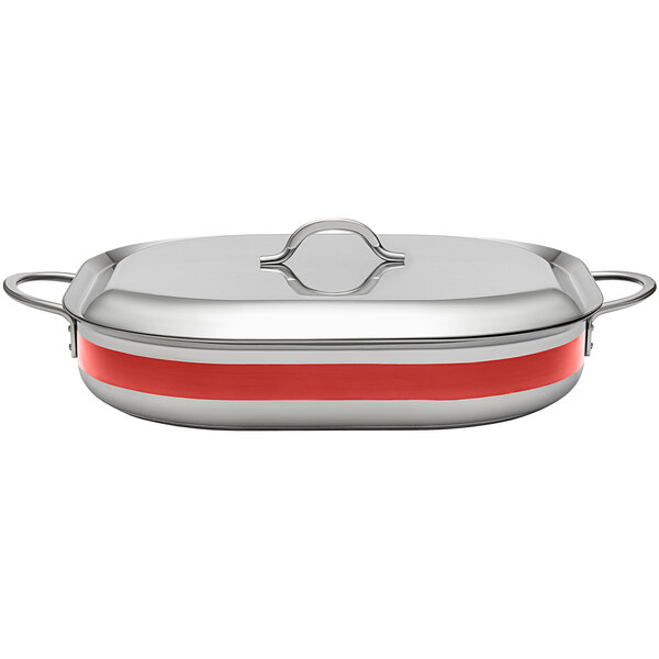 A silver and red Bon Chef stainless steel roasting pan with a lid.