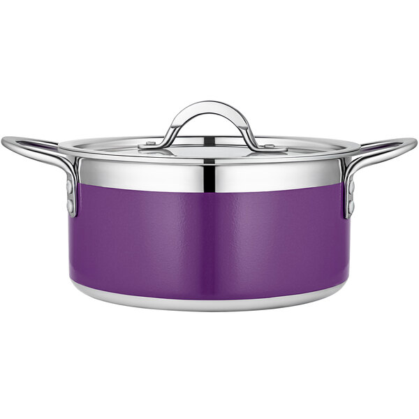 A purple and silver Bon Chef Country French sauce pot with a stainless steel lid.