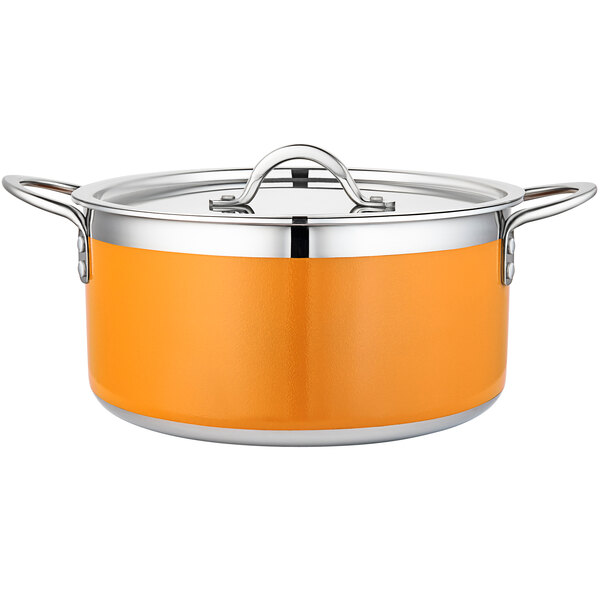 A Bon Chef Country French orange stainless steel pot with lid.