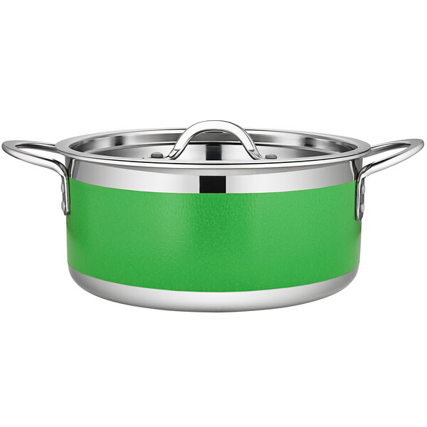 A lime green stainless steel Bon Chef Country French pot with a lid.