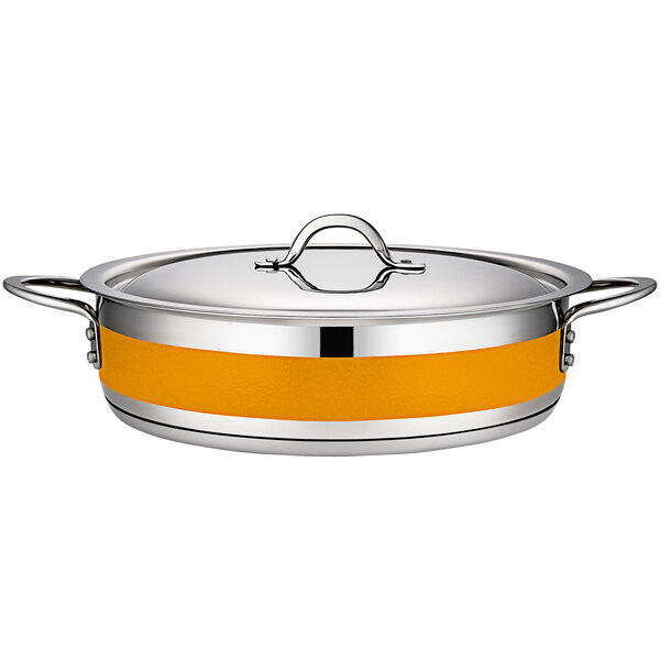 An orange stainless steel Bon Chef brazier pot with a handle.