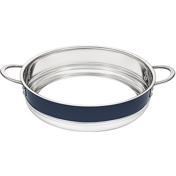 A stainless steel Bon Chef bottomless pot with a silver ring and blue band.
