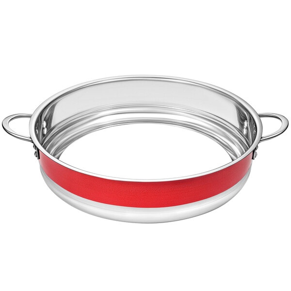 A red stainless steel bottomless pot with a handle.