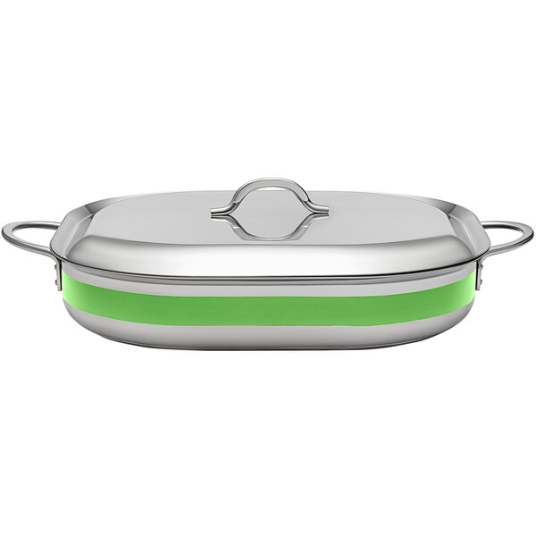 A silver stainless steel Bon Chef roasting pan with green handles.