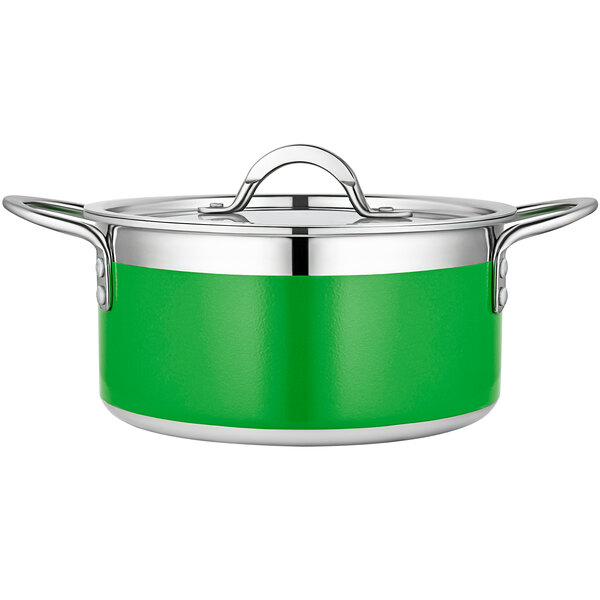 A lime green Bon Chef stainless steel pot with a lid.