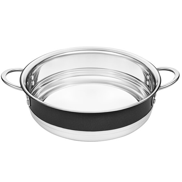 A Bon Chef stainless steel bottomless pot with black handles.