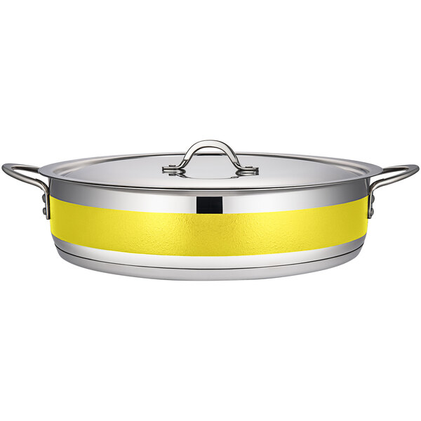 A yellow stainless steel Bon Chef Country French brazier pot with a lid and handle.