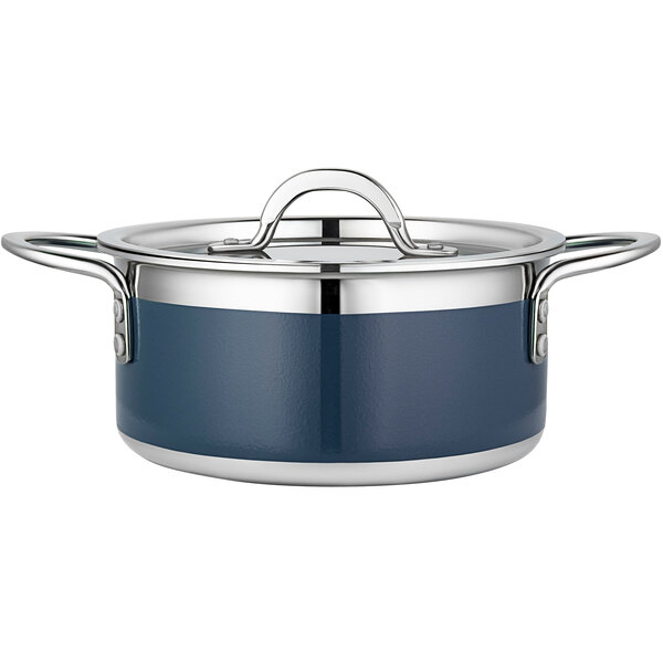 A Bon Chef cobalt blue and silver stainless steel pot with a lid.